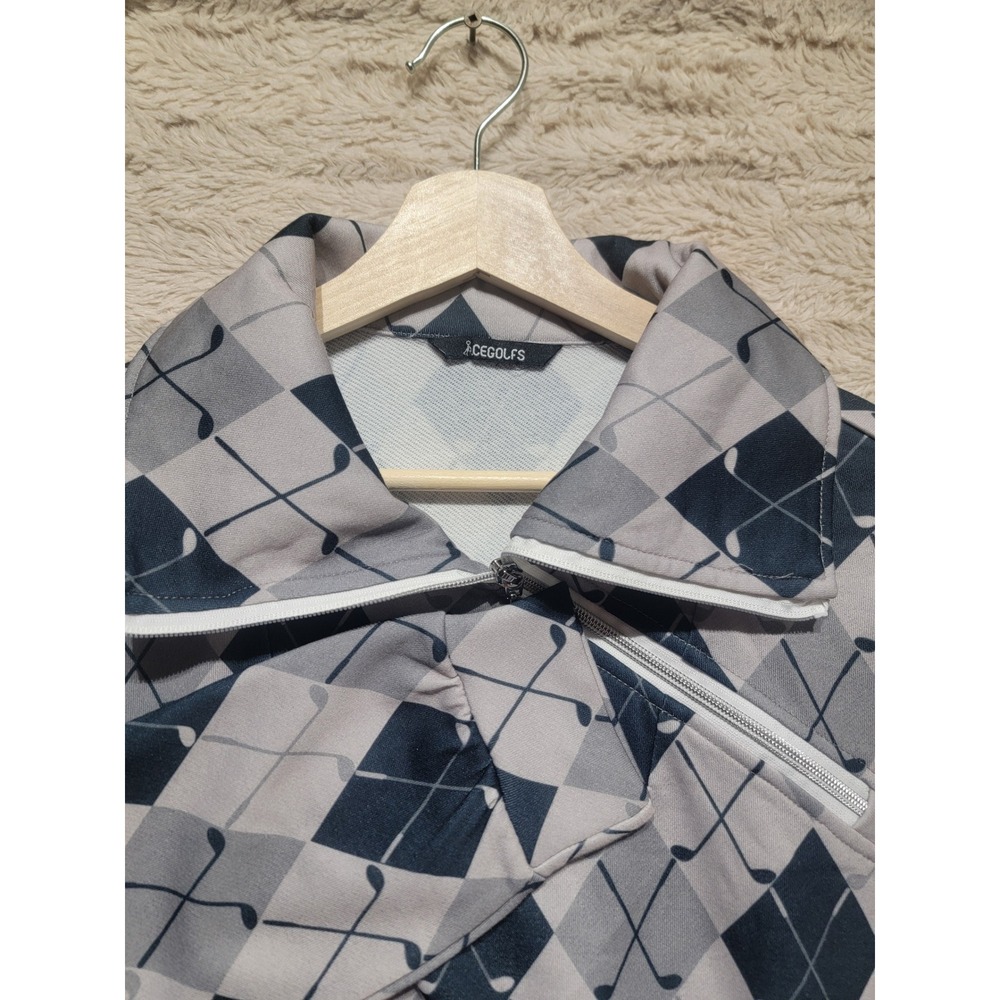 Acegolfs Argyle Golf Club Print Quarter Zip Pullover Sweatshirt Grey Navy